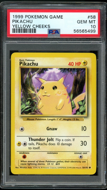 1999 Pokemon Pikachu Base Set Yellow Cheeks #58/102 PSA 10