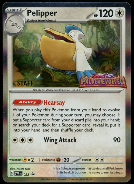 Pokemon Pelipper Paldea Evolved Staff Promo Holo #022