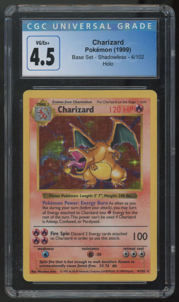 1999 Pokemon Charizard Base Set Unlimited Shadowless Holo #4 CGC 4.5