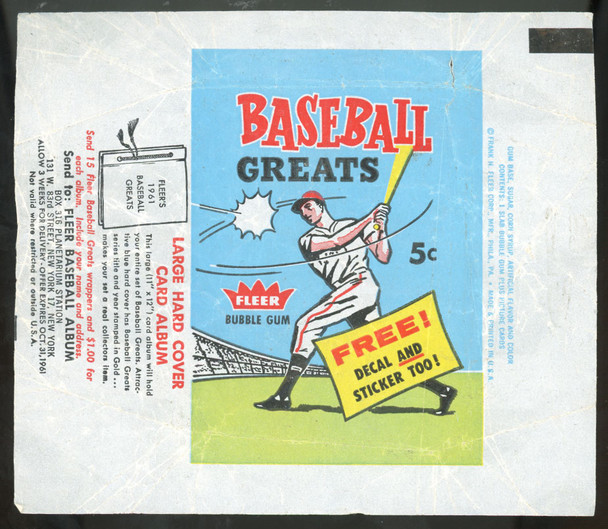 1961 Fleer Baseball Greats Wax Pack Wrapper Low Grade