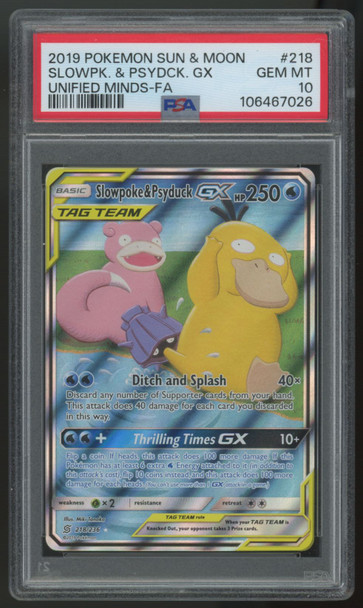 2019 Pokemon Slowpoke & Psyduck GX Unified Minds Full Art #218 PSA 10
