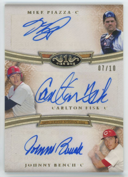 2015 Topps Tier One Mike Piazza C. Fisk Johnny Bench Triple Auto /10 #TA-PFB