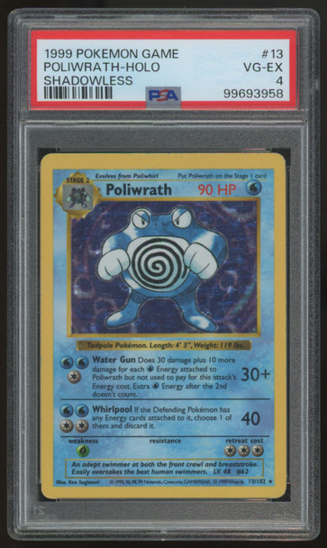 1999 Pokemon Poliwrath Base Set Shadowless Holo #13 PSA 4