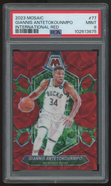 2023-24 Panini Mosaic Giannis Antetokoundmpo International Red /75 #77 PSA 9