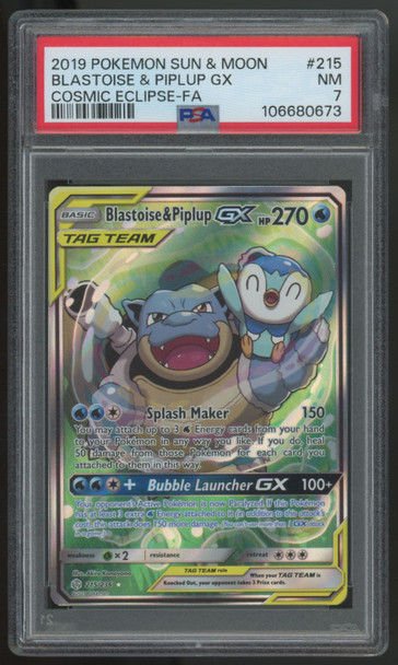 2019 Pokemon Blastoise & Piplup GX Cosmic Eclipse Full Art #215 PSA 7