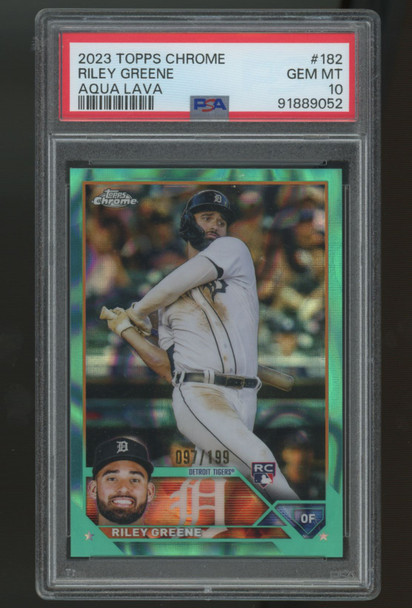 2023 Topps Chrome Riley Greene RC Aqua Lava /199 #182 PSA 10