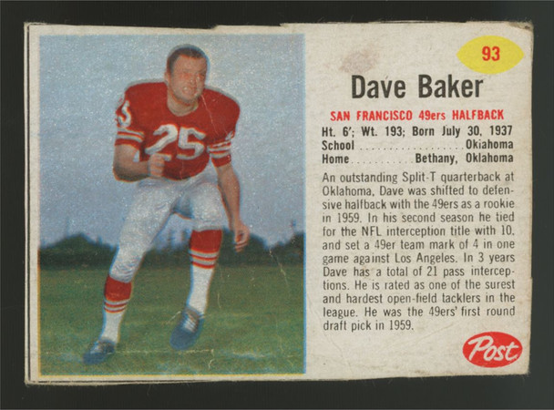 1962 Post Cereal Dave Baker SP Hand Cut #93 Low Grade