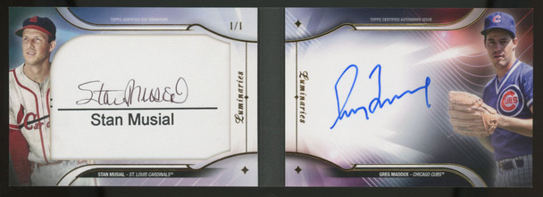 2024 Topps Luminaries Musial Maddux Facing Off Booklet Dual Auto 1/1 #FOB-MMU