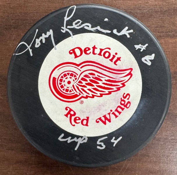 Tony Leswick Signed Autographed Red Wings Puck JSA Cert