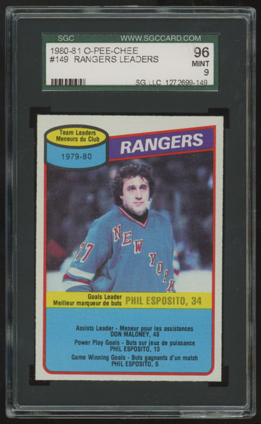 1980-81 O-Pee-Chee Phil Esposito Rangers Leaders #149 SGC 9