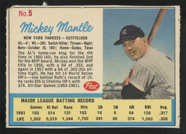 1962 Post Cereal Mickey Mantle #5 Poor