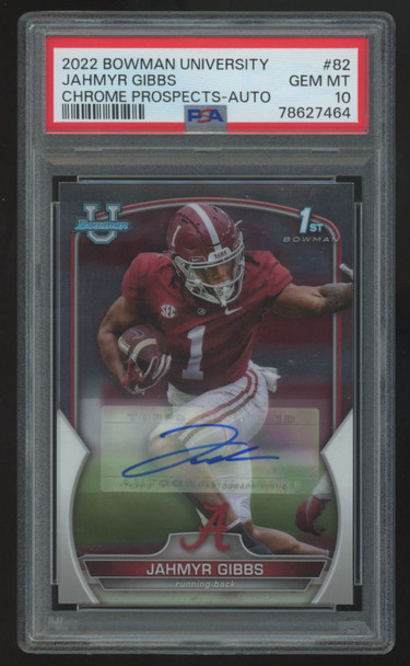 2022 Bowman University Jahmyr Gibbs 1st Chrome Prospect Auto #82 PSA 10