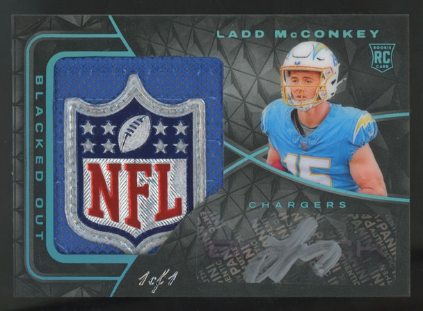 2024 Panini Black Ladd McConkey RC Blacked Out Shield Patch Auto RPA 1/1 #BOJ-LM