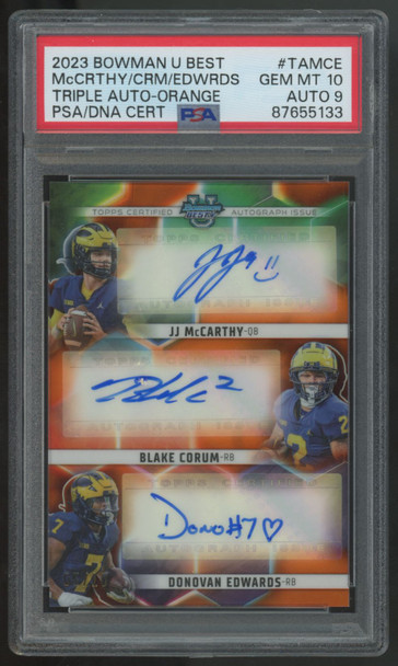 2023 Bowman Best U McCarthy/Corum/Edwards Orange Triple Auto /10 PSA 10 9