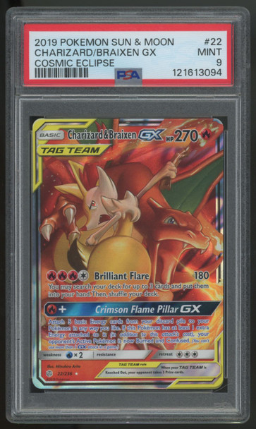 2019 Pokemon Charizard & Braixen GX Cosmic Ecipse Full Art #22 PSA 9