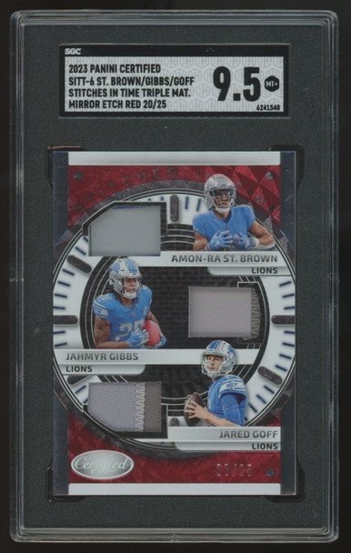 2023 Certified St. Brown/Gibbs/Goff Mirror Red Etch Triple Patch /25 SGC 9.5