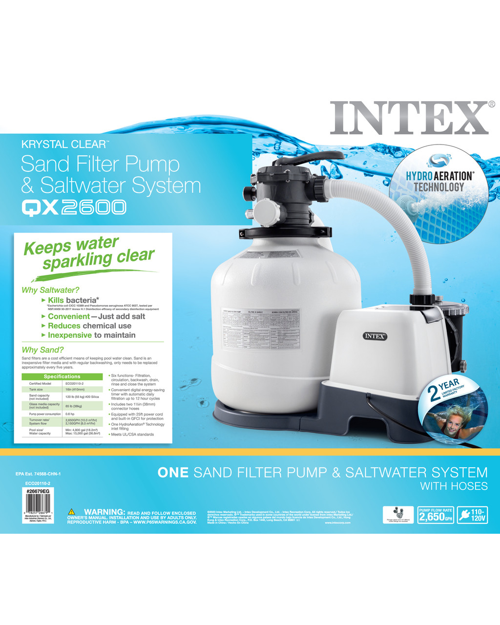 INTEX Krystal Clear™ Sand Filter Pump & Saltwater Pool Chlorine System -  15,000 Gal