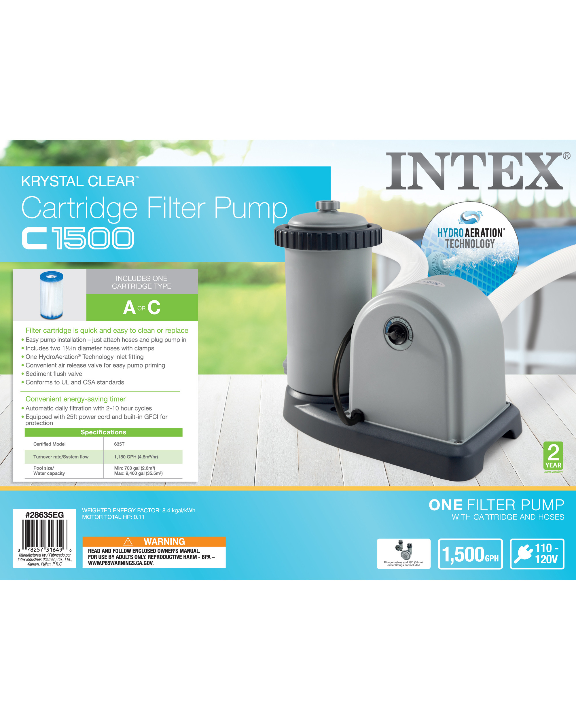 INTEX Krystal Clear Cartridge Filter Pump - 1,500 GPH