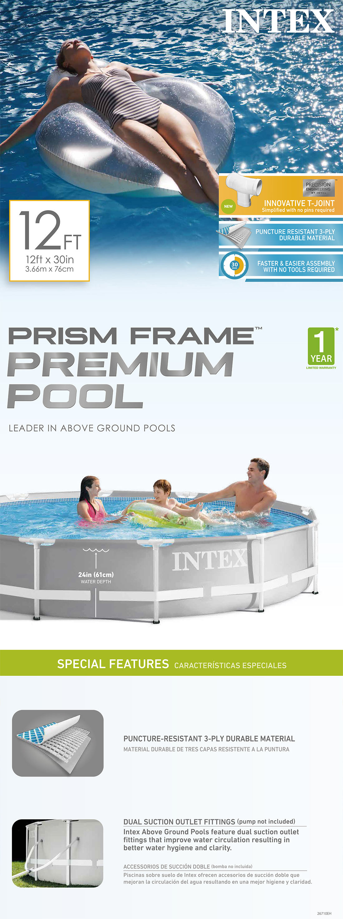 NEW Intex 12x30 Prism Frame Above Ground Swimming Pool w/ Pump 26710EH