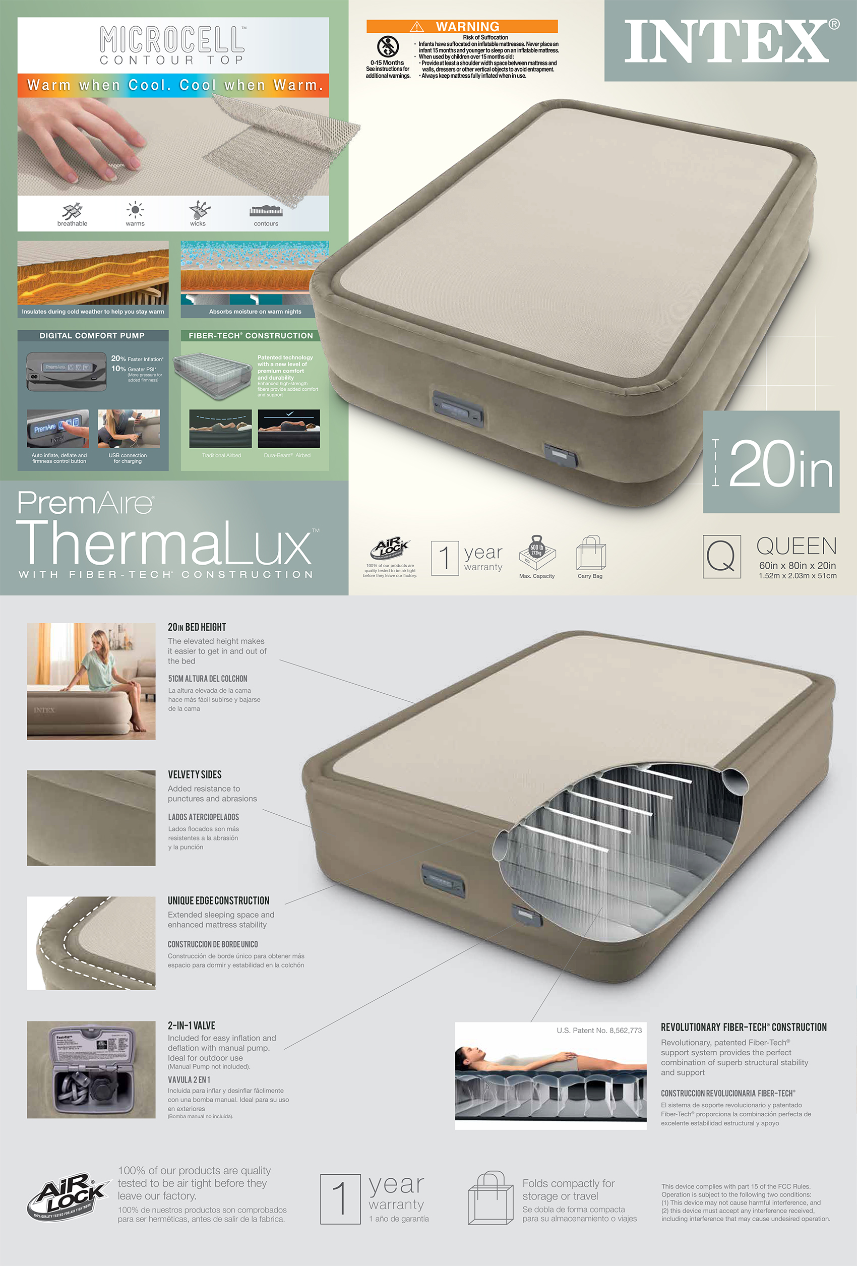 20in Queen Dura-Beam Premaire Thermalux Air Mattress with Digital Comfort Pump