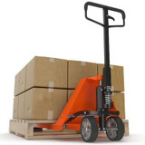 A manual Pallet Jack loaded with boxes.