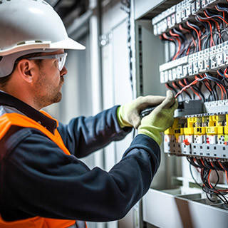 Male commercial electrician at work on a fuse box