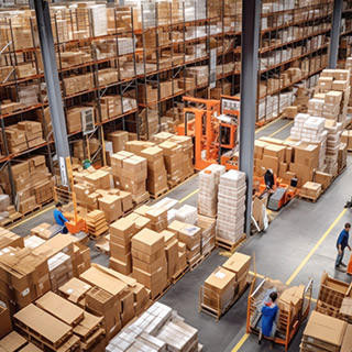 Spacious warehouse filled with neatly stacked boxes