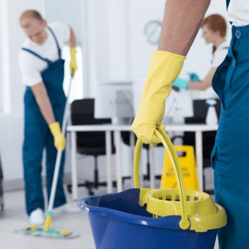 A number of workers can be seen doing cleaning tasks such as mopping and wiping surfaces while wearing cleaning gloves