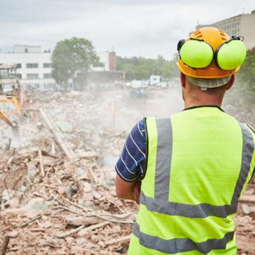 Man overlooking a demolition work site.