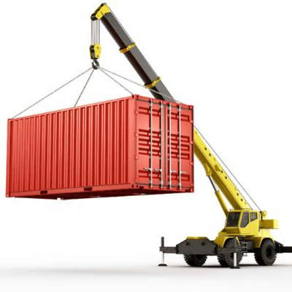 Crane lifting a shipping container.