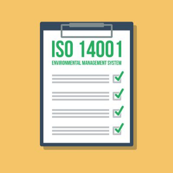 ISO 14001 checklist on a clipboard.