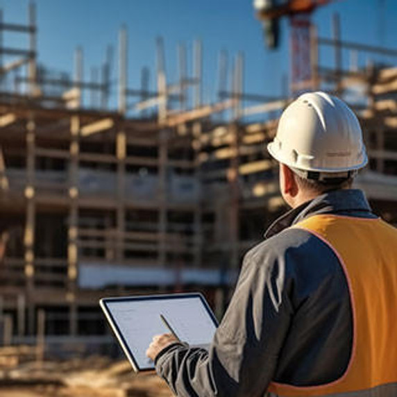 Builder wearing a protective helmet stands against the background of a construction site.