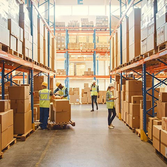 Retail warehouse full of shelves with goods in cardboard boxes