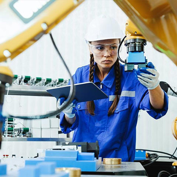 Worker conducting inspection on robot arm machine