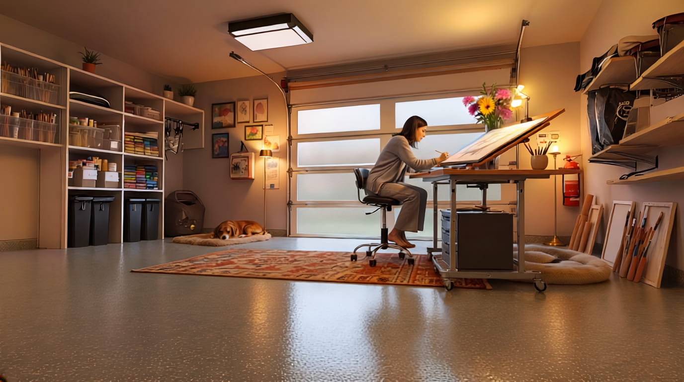 Finished garage used as a home studio space