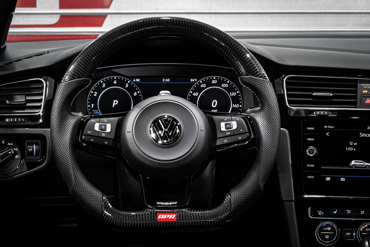 APR Carbon Fiber & Perforated Leather Steering Wheel - No Paddles (Golf R Style - Silver Stitching)