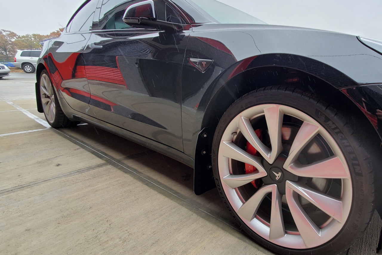 Rally Armor UR Black w/ White logo Mud Flaps for Tesla Model 3