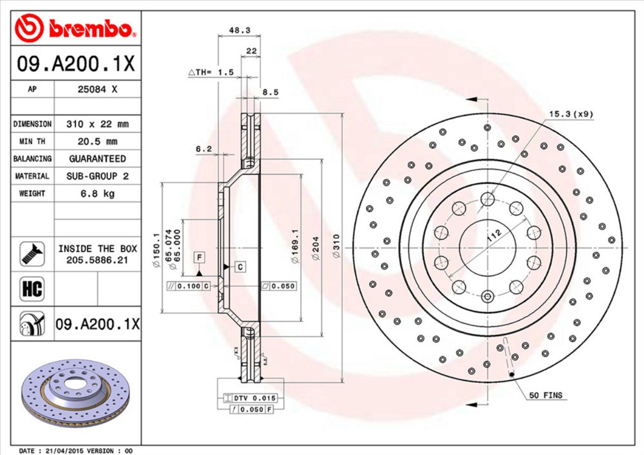 Brembo Xtra Cross Drilled UV Coated Rear Brake Rotors 310x22 (Pair)