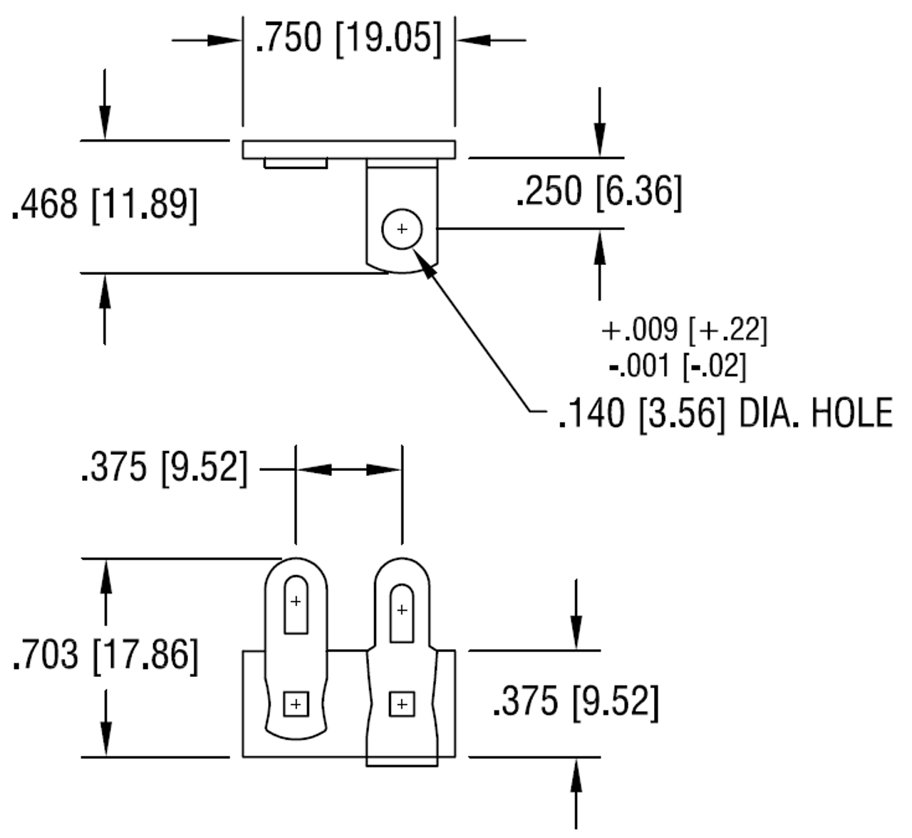 Terminal Strip - 2 Lug, 2nd Lug Common, Horizontal (pkg 5)