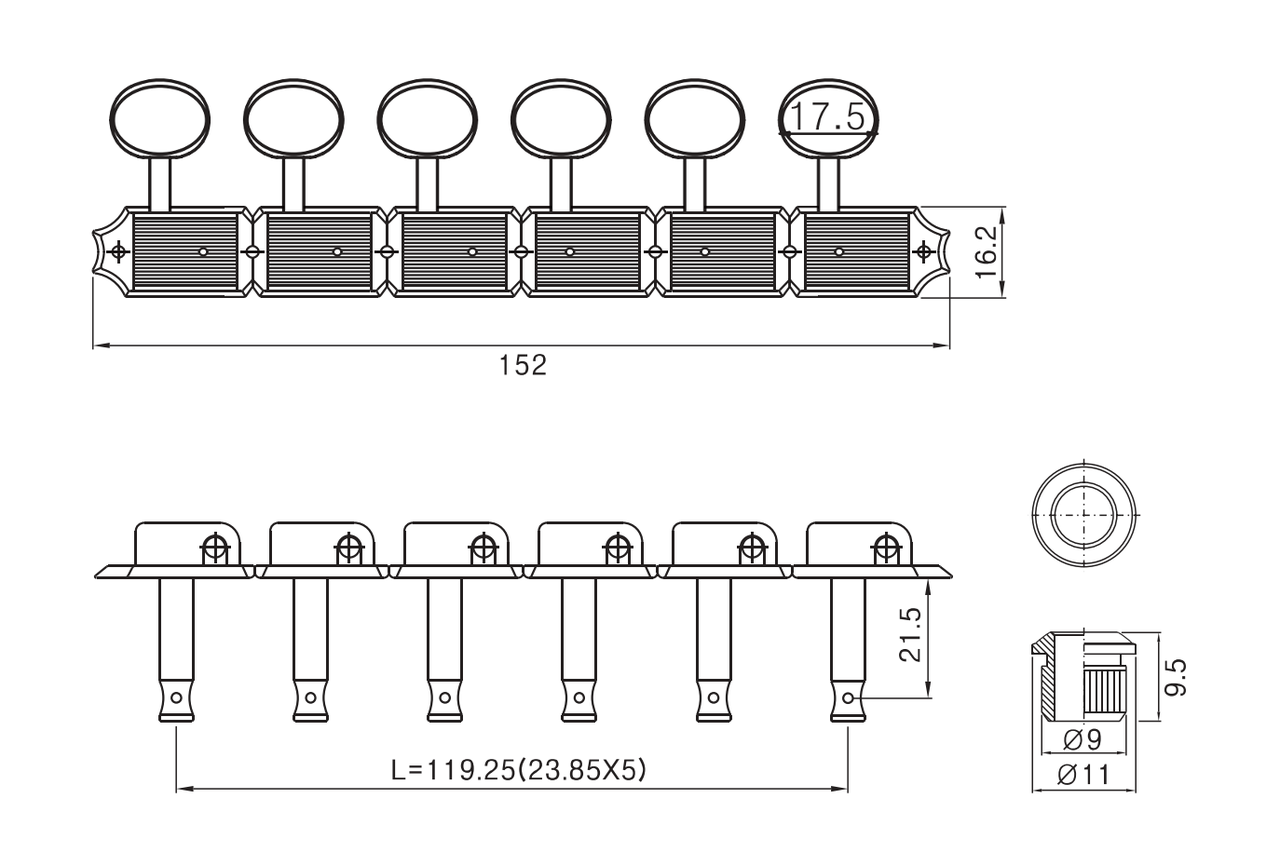 K-Style Tuners 6L - Bean Technical Drawing