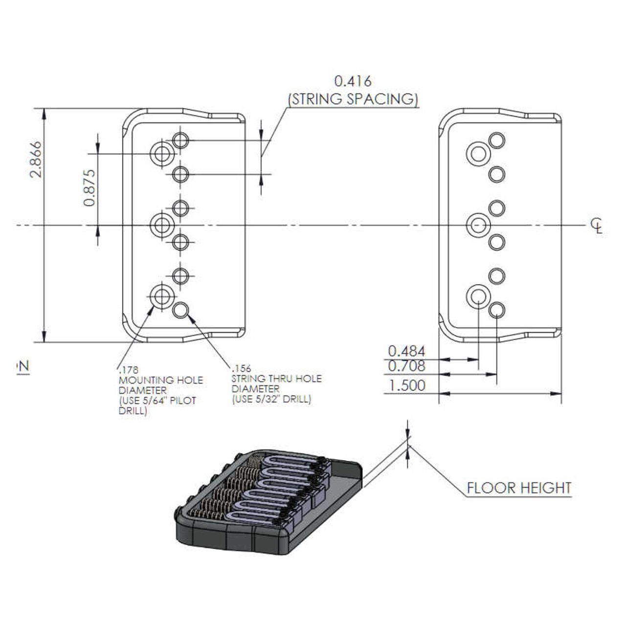 Hipshot - 6 String Fixed Guitar Bridge (choose options)