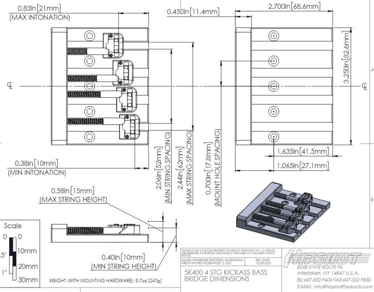 Hipshot - 4-String Kickass Bass Bridge (choose colour)