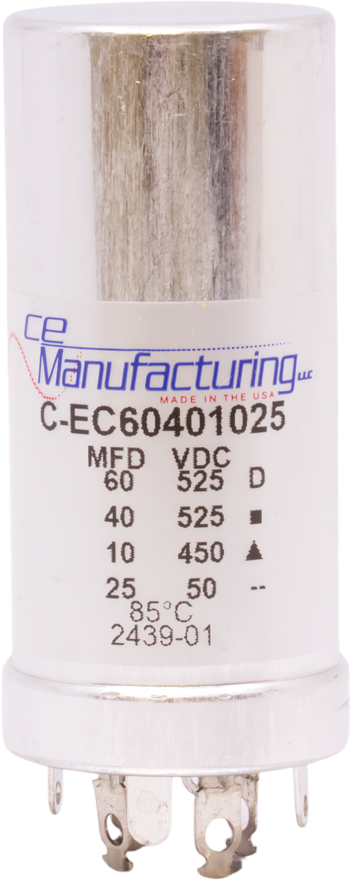 CE Capacitor - Electrolytic, Multi-Section, Can, 60/40µF@525V, 10µF@450V, 25µF@50V