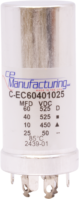 CE Capacitor - Electrolytic, Multi-Section, Can, 60/40µF@525V, 10µF@450V, 25µF@50V