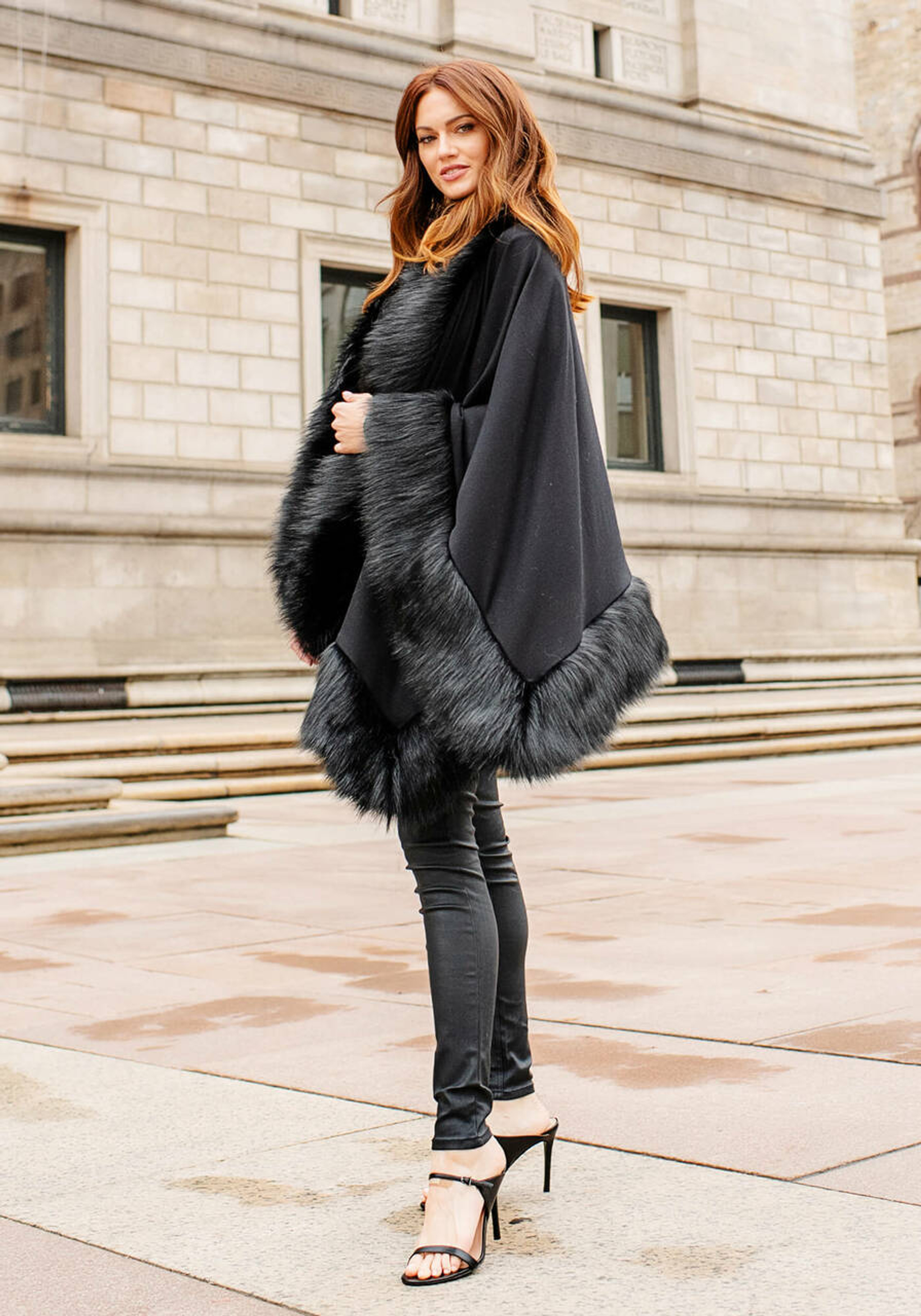 Black Fox Faux FurTrimmed Shawl Fabulous Furs Wholesale