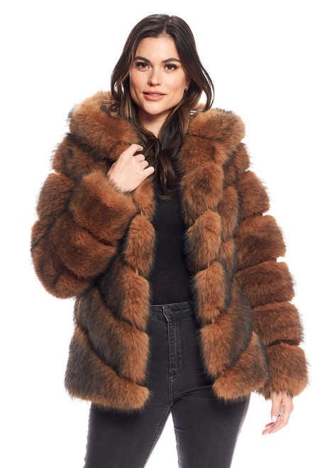 Fabulous-Furs Cedar Fox Faux Fur Chateau Chevron Hooded Coat 