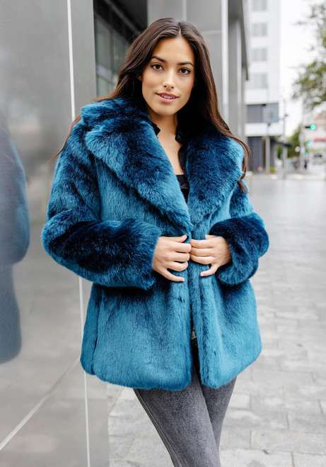 Fabulous-Furs Sapphire Mink Faux Fur Couture Notch Collar Coat 