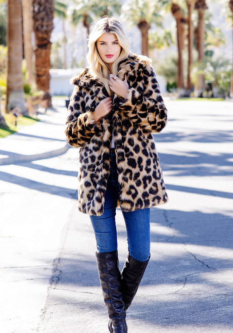 Fabulous-Furs Leopard Faux Fur Stardust Knee-Length Coat 