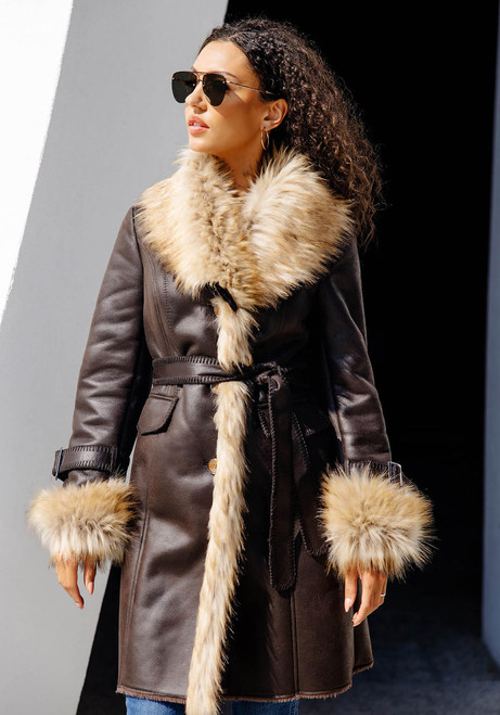 Fabulous-Furs Espresso Faux Fur Fox Collar Suede Dakota Coat 