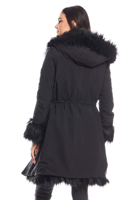 Fabulous-Furs Black Fox Hooded Faux Fur-Lined Knee-Length Storm Coat 